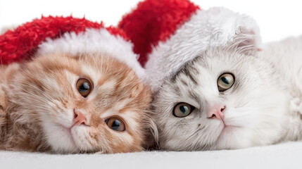 Cute kitten santa hat christmas cat fluffy pet holiday animal winter fur white background cozy adorable feline cuddle kittens share warm holiday