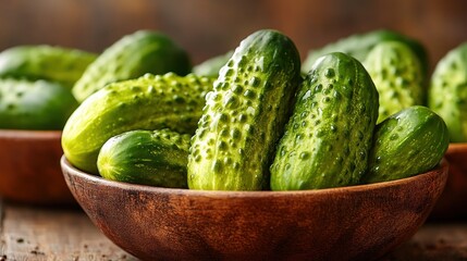 Close-up of fresh, small cucumbers in a wooden bowl