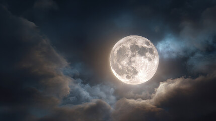 A captivating full moon shining brightly in a darkened, cloudy sky