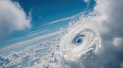 Cyclone eye sky hurricane cloud vortex dramatic weather spiral aerial storm view swirling cloud pattern powerful nature scene blue sky atmosphere