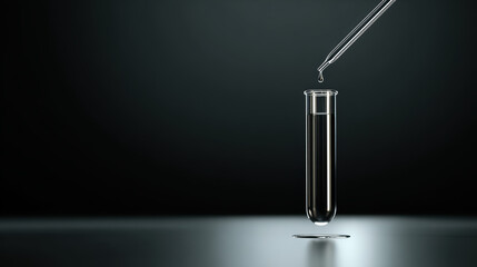 Laboratory glassware pipette droplet minimal science concept clean test tube dark background