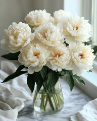 Elegant White Peony Bouquet in Glass Vase on Marble Surface peony bouquet glass vase home decor tree