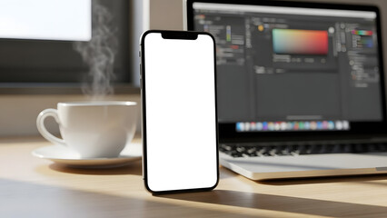 A smart digital tablet pc and mobile smartphone sit beside a coffee cup, featuring a touch screen display with internet icons for business communication and modern electronic technology