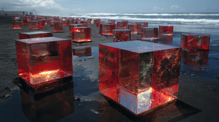 Red glass cube beach ocean black sand reflection sunlight surreal abstract coastline landscape seascape horizon wave water transparent shine glow