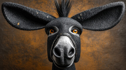 Surreal donkey portrait closeup large ear textured fur orange eye animal studio fantasy humor curiosity