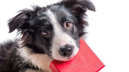 Puppy dog border collie holding red gift box in mouth isolated on white background playful pose