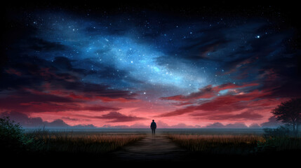 Night sky star galaxy silhouette landscape horizon cloud twilight reflection fantasy scenic field grass alone dreamy dusk sunset blue red cosmos