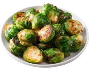 Saut?ed Brussels sprouts in a white bowl, showcasing crispy brown edges