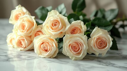Elegant Bunch of Peach Roses on White Marble Surface roses marble elegant bouquet flowers pink roses