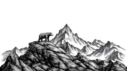 Mountain bear rock landscape nature wildlife vintage engraving mountain bear on rocky peak in vintage engraving style under open sky