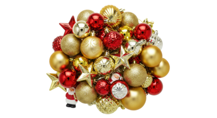 A vibrant collection of red, gold, and silver Christmas ornaments arranged beautifully