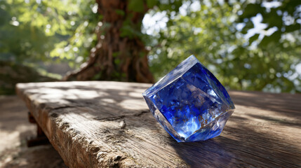Blue crystal gemstone sharp edge natural light wooden table outdoor reflection sparkle macro closeup Blue crystal gemstone with sharp edge rests