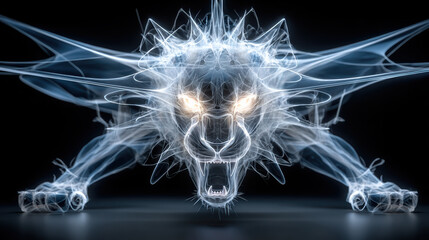Neon lion energy beast glowing animal light creature fantasy predator digital art blue flame abstract roar power fierce emotion