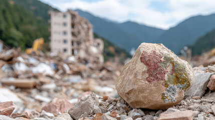 Rough stone rubble disaster ruin focus shallow depth soft light natural color outdoor mountain valley