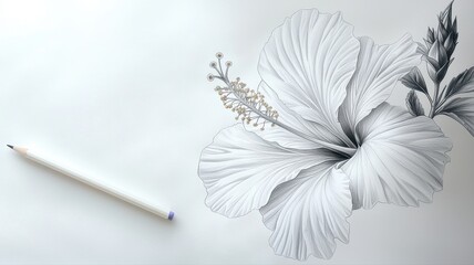 Detailed Pencil Drawing of Hibiscus Flower with Pencil on White drawing pencil hibiscus flower bloom