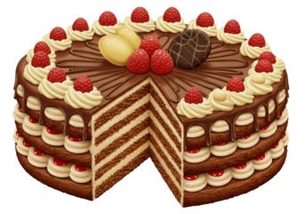 A beautifully layered chocolate cake adorned with raspberries and decorative toppings