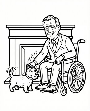 Heartwarming coloring page of a senior man in a wheelchair petting his loyal dog by a cozy fireplace. Franklin D Roosevelt