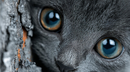 Cat kitten silver shorthair tree bark closeup eye grey fur silver shorthair kitten closeup with bright eye peeking from tree bark, curious grey
