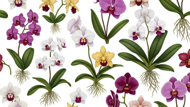 Vibrant Orchid Flowers Pattern With Purple, White, Yellow, and Pink Colors on White Background
