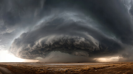 Storm cloud cyclone supercell thunderstorm dramatic sky extreme weather landscape prairie horizon field massive rotating storm cloud cyclone