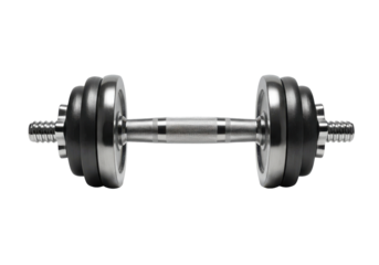 Close-up view of a metallic dumbbell on a plain background, ideal for fitness-related content
