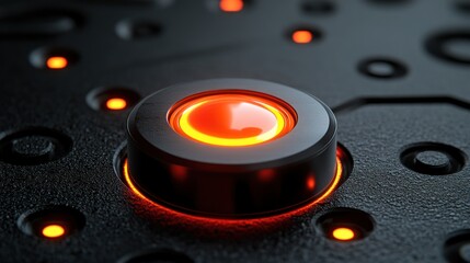 Close-up of glowing red button on dark tech panel