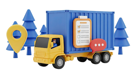 3D Rendering of a Delivery Truck with Shipping Container, Checklist, and Location Pin