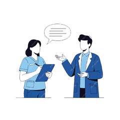 Cartoon illustration of a doctor and nurse discussing a patient's chart with a speech bubble against a clean white background.