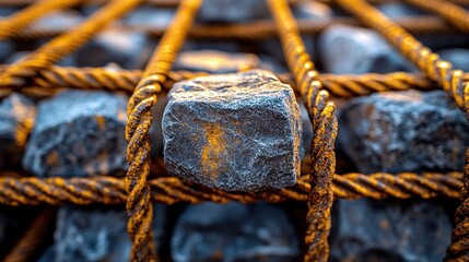 Close-up of gray rocks secured in a metal grid
