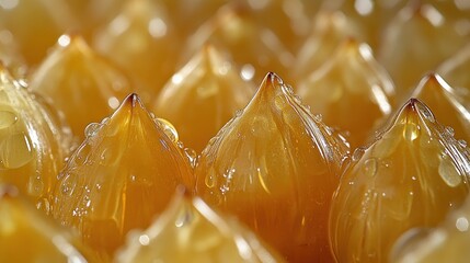 Close-up of golden, glistening food items