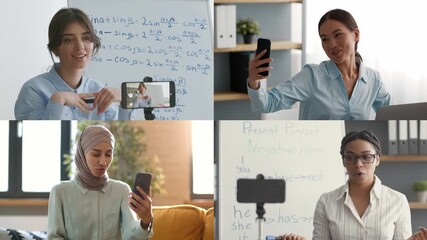 Four women students are actively participating in online learning, utilizing smartphones for video calls. Each individual engages in discussions with tutors or peers while sharing knowledge. - Powered by Adobe