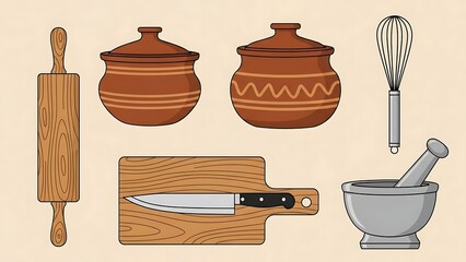 A collection of kitchen utensils and cookware for culinary preparation and cooking