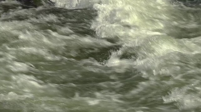 A close-up of rapids with white caps flowing quickly on a raging river during a sunny day.