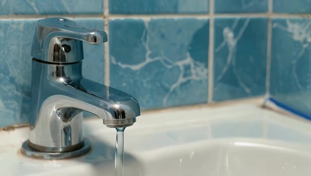 High quality 4K close up of faucet dripping water into toilet with blue tile background capturing individual droplets reflection domestic water flow cinematic slow 