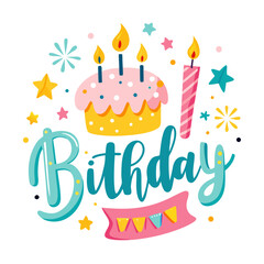 Happy birthday celebration banner with cake, candle, and festive