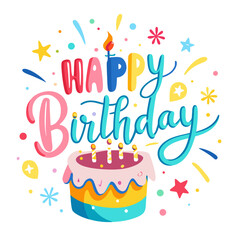 Happy birthday celebration banner with cake, candle, and festive