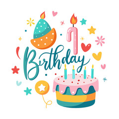 Happy birthday celebration banner with cake, candle, and festive