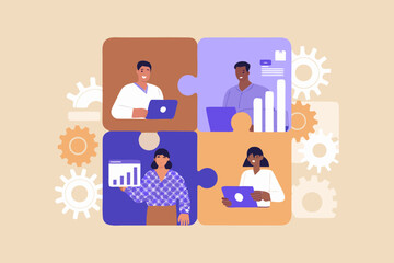 Collaborative teamwork concept with people working on laptops and puzzle pieces