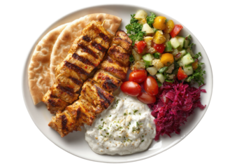 Plated meal grilled skewers, pita, salad, beet slaw, and white sauce