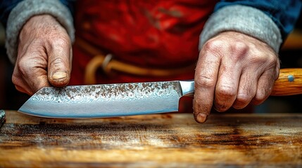 Closeup of hands sharpening a rusty knife