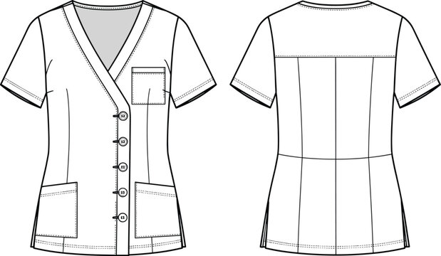 Women's v-neck button front scrub top technical fashion sketch with pockets front and back view cad drawing flat vector illustration
