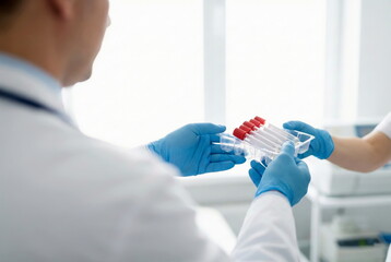 Medical professionals exchanging blood samples in a laboratory. Healthcare workers handle tubes for diagnostics and research.