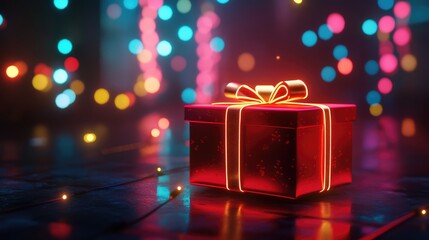 Red gift box with a golden ribbon and glowing neon lights on festive bokeh background with copy space