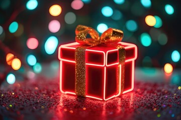 Red gift box with a golden ribbon and glowing neon lights on festive bokeh background with copy space