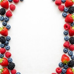 Delightful mix of fresh berries frame on white wooden surface background