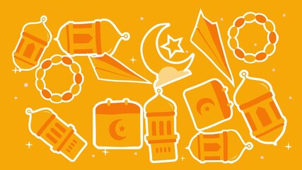 An orange background filled with traditional lanterns prayer beads paper planes and crescent moon calendars
