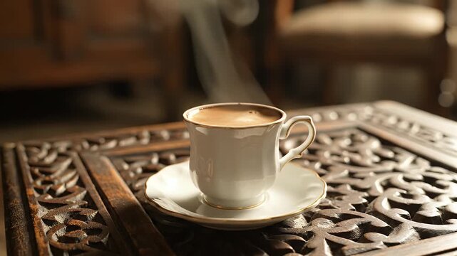 Elegant Turkish Coffee Cup on Intricately Carved Wooden Table with Rising Steam Effect
