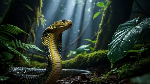 Majestic snake poised in lush rainforest habitat