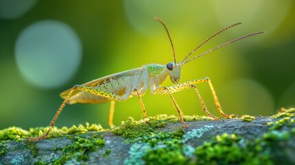 Close-up of light-green insect on mossy branch
