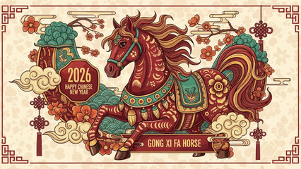 Obraz premium Vibrant illustration of a horse for Chinese New Year 2026 celebrations.